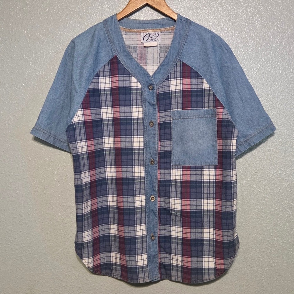 VTG 90s Patchwork Denim Plaid Shirt Medium Granola Farmcore Cottagecore